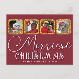 Cartão Postal Dourado Natal Vermelho com Script de Foto de Feria