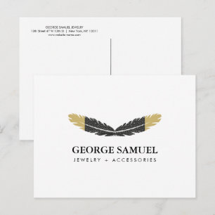 Cartão Postal Dourado Tendência Boho Penas Designer Branco