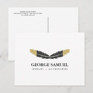 Cartão Postal Dourado Tendência Boho Penas Designer Branco