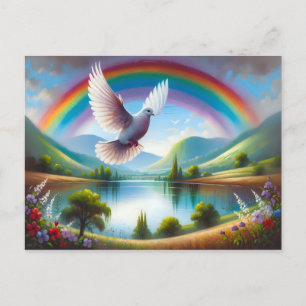 Cartão Postal Dove voando sob um arco-íris