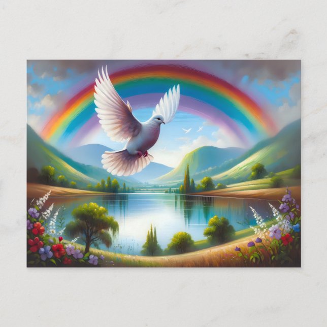 Cartão Postal Dove voando sob um arco-íris (Frente)