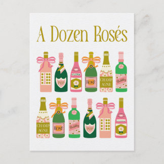 Cartão Postal Dozen Rosés Pink Champagne Botles Pop Fizz Clink