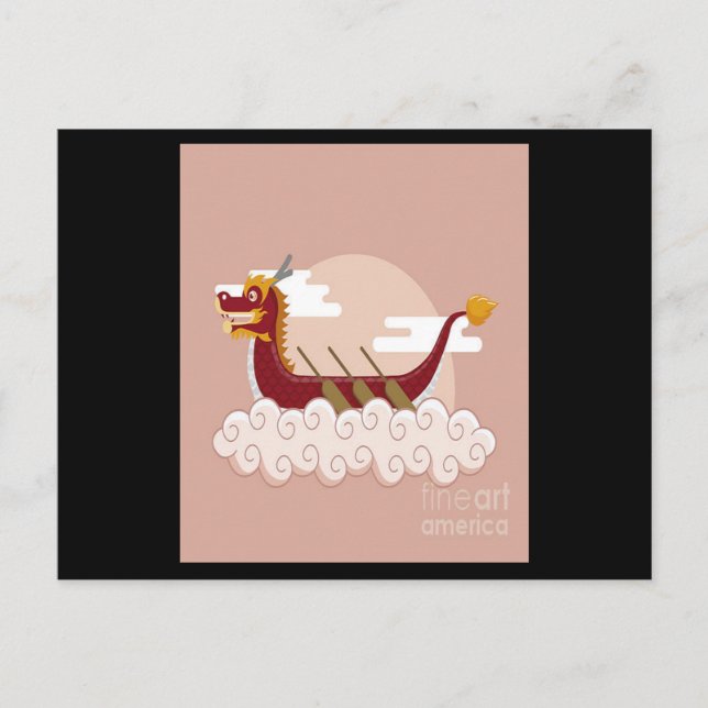 Cartão Postal Dragão Barco Chinês Festival Esporte Nuvens de Car (Frente)