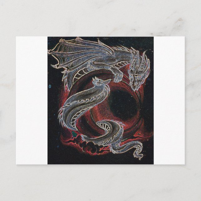 Cartão Postal Dragão Branco, Lua Vermelha em Preto (Frente)