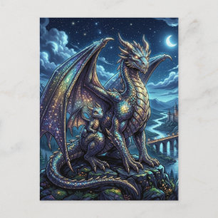 Cartão Postal Dragão Celestial ao Luar e Castelo de Fantasia Inf