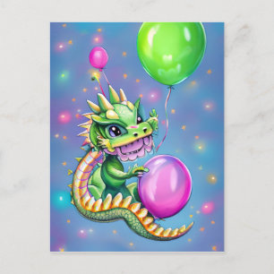 Cartão Postal Dragão de Aniversário Fofo com Balões