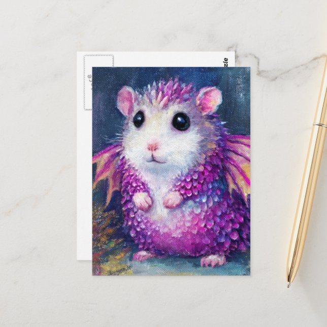 Cartão Postal Dragão de Hamster Rosa Fofo (Frente/Verso In Situ)