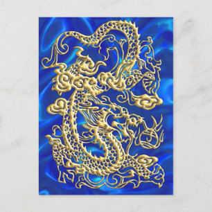 Cartão Postal Dragão Dourado Em Relevo