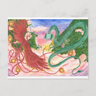 Cartão Postal Dragão e Fênix do Pôr do Sol na Floresta