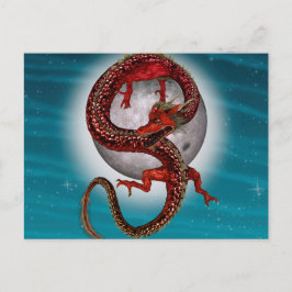 Cartão Postal Dragão Lua Vermelha Arte de Fantasia Celestial