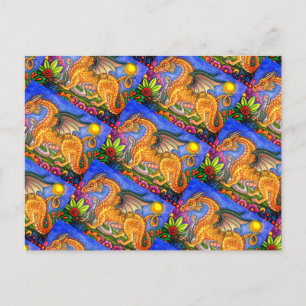 CARTÃO POSTAL DRAGÃO MEDIEVAL E JARDIM DE ARTE FOLK JOVEM E COLO