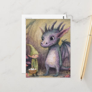 Cartão Postal Dragão Roxo Bebê e Elfo Com Ovos