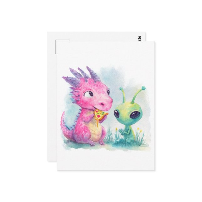 Cartão Postal Dragão Roxo Bebê Fofo Comendo Pizza Com Alien (Frente/Verso In Situ)