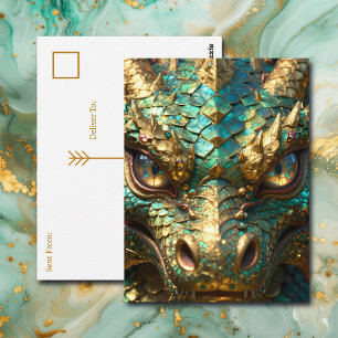 Cartão Postal Dragão Turquesa e Dourado Mantendo Contato