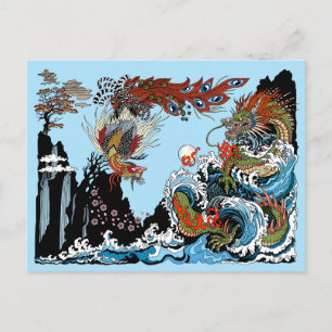 Cartão Postal Dragão verde e Feng Huang. Ilustração