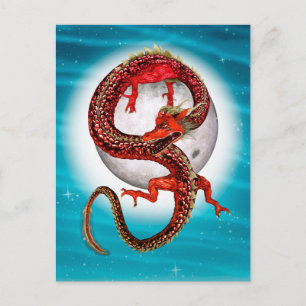 Cartão Postal Dragão Vermelho Oriental - Criatura de Fantasia Mí
