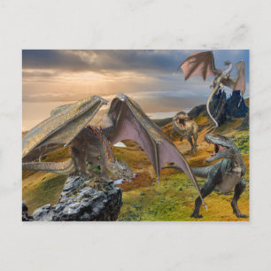 Cartão Postal Dragões de Bronze Vs Batalha do Dinossauro Tyranno