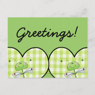 Cartão Postal Dragon Fly em um coração verde de gingham