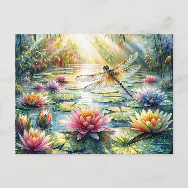 Cartão Postal Dragonfly Above Pond Watercolor (Frente)