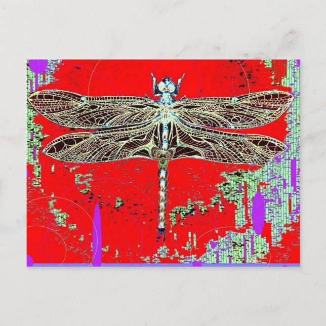 Cartão Postal Dragonfly branco-preto sobre roxo vermelho por Sha (Frente)
