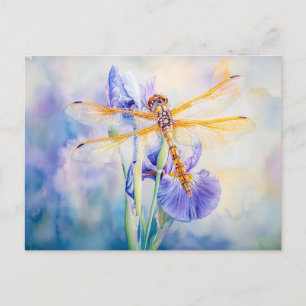 Cartão Postal Dragonfly descansando em uma pintura de aquarela l