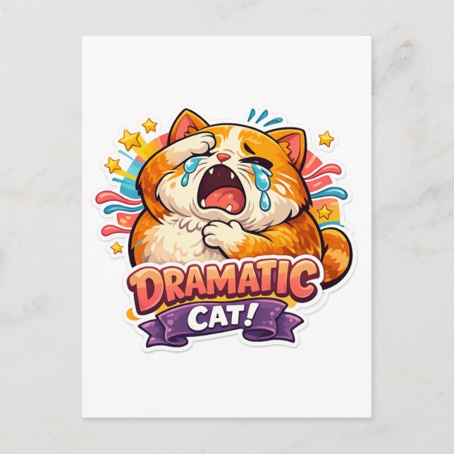 Cartão Postal Dramatic Cat Funny Crying Cartoon Art Reaction (Frente)