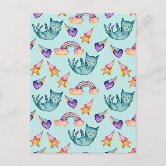 Cartão Postal Dreamy Cat Flutuando no Padrão de Aquarela do Céu (Frente)