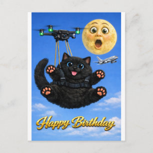 Cartão Postal Drone de Gato Preto Grande Engraçado Vôo Feliz Ani