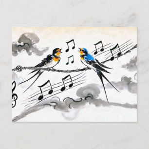 Cartão Postal Duas Andorinhas Cantando em um Cabo de Energia na 