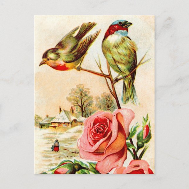 Cartão Postal Duas Aves e Rosas (Frente)