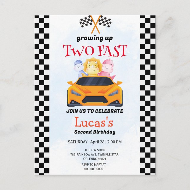 Cartão Postal Duas Festas de segundo aniversário de Carro Rápido (Frente)