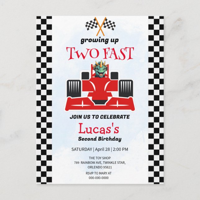 Cartão Postal Duas Festas de segundo aniversário de Carro Rápido (Frente)