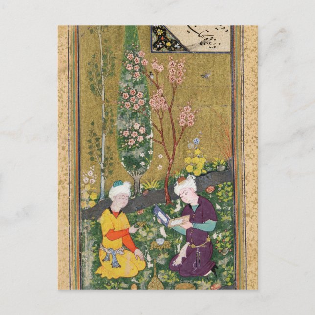 Cartão Postal Duas figuras que lêem e que relaxam em um pomar (Frente)
