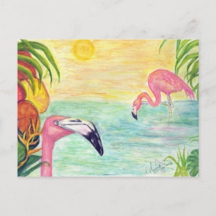 Cartão Postal Duas Flamingos Watercolor Art