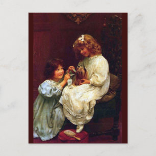 Cartão Postal Duas Meninas Irmãs Cão de Estimação Pintura Antiga