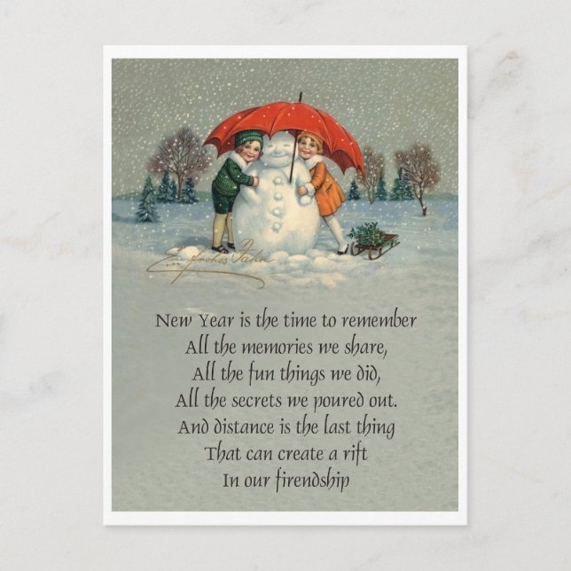 Cartão Postal Duas meninas junto com boneco de neve sob guarda-c (Frente)