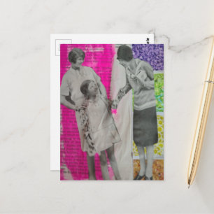Cartão Postal Duas Mulheres Antigas e uma Garota Colorido Colage