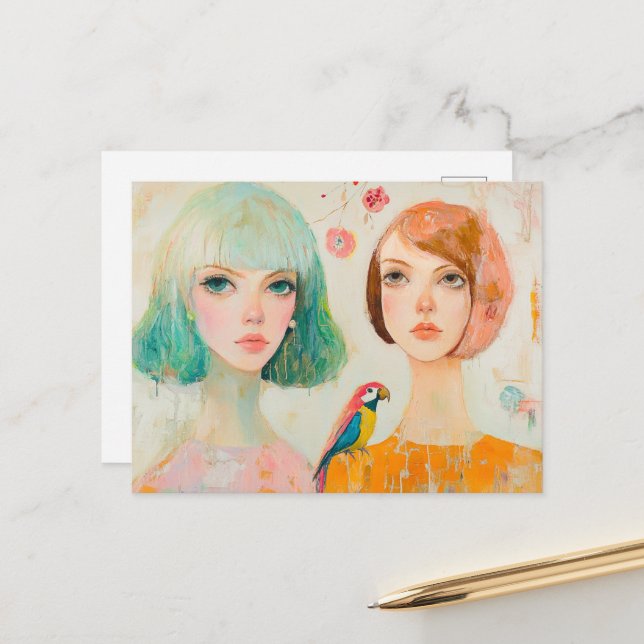 Cartão Postal Duas Mulheres e um Papagaio (Frente/Verso In Situ)