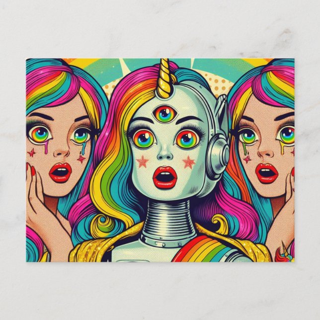 Cartão Postal Duas Mulheres e um Robô Arco-Íris (Frente)