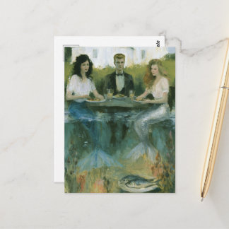 Cartão Postal Duas Sereias Surrealistas e um Homem em Pintura de