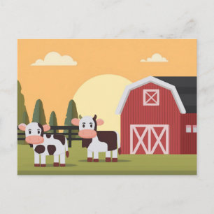 Cartão Postal Duas Vacas e um Celeiro Vermelho ao Nascer do Sol
