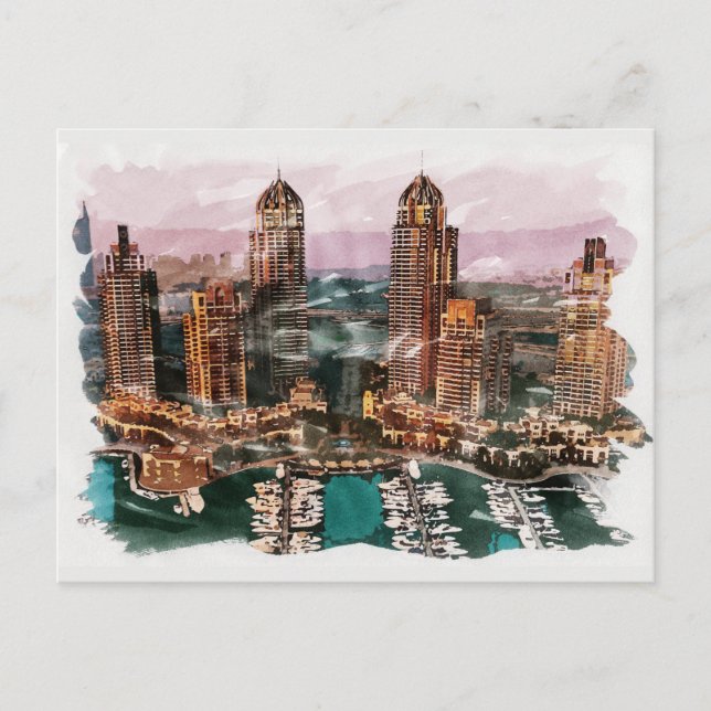 Cartão Postal Dubai UAE Uniforme de Aquarela Viagem de Arte Fina (Frente)