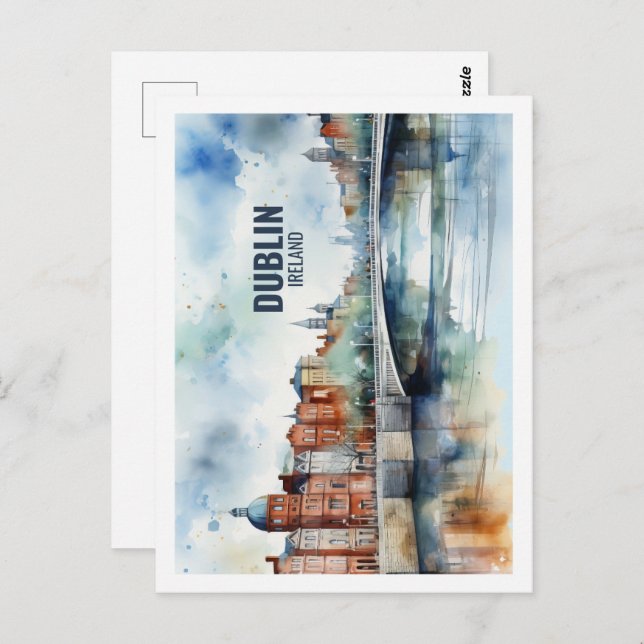 Cartão Postal Dublin Ireland Familiar Viagem Place Watercolor (Frente/Verso)