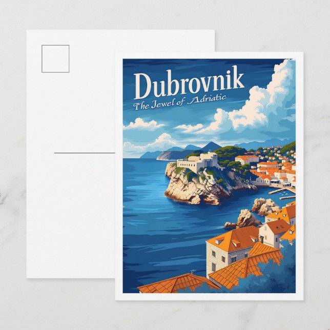 Cartão Postal Dubrovnik Croácia Art Viagem Place Illustration (Frente/Verso)