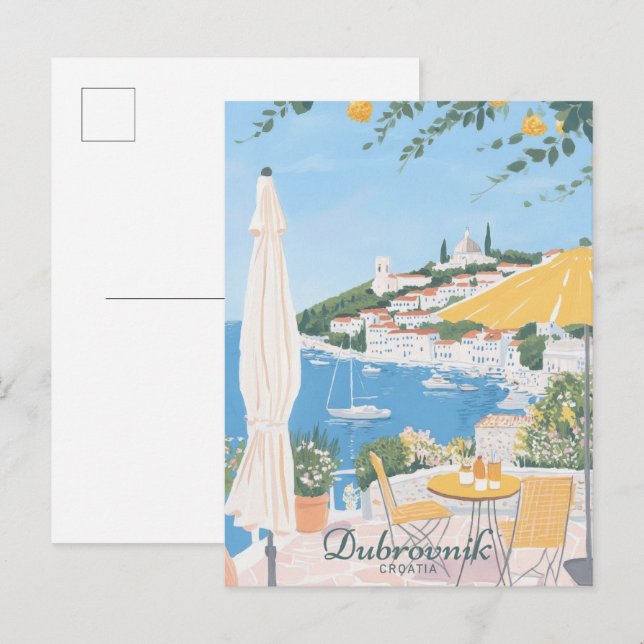 Cartão Postal Dubrovnik Croácia Gouache Illustração Viagem (Frente/Verso)