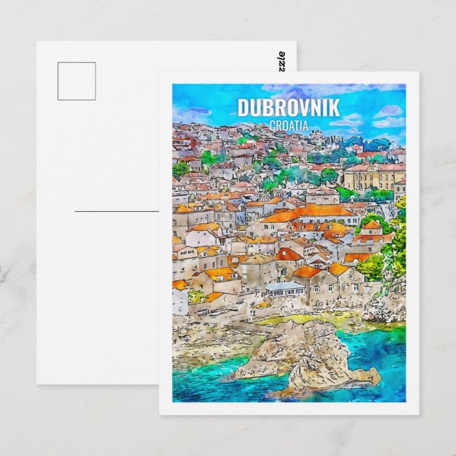 Cartão Postal Dubrovnik Croácia Local de Viagem Aquarela (Frente/Verso)