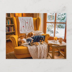 Cartão Postal Duo de Spaniel em poltrona de inverno aconchegante