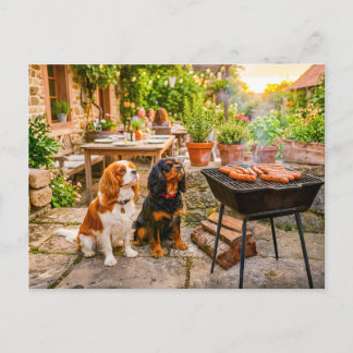Cartão Postal Duo de Spaniel observando salsichas de churrasco n