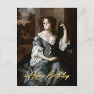 Cartão Postal Duquesa soprando um chiclete rosa Feliz Aniversári