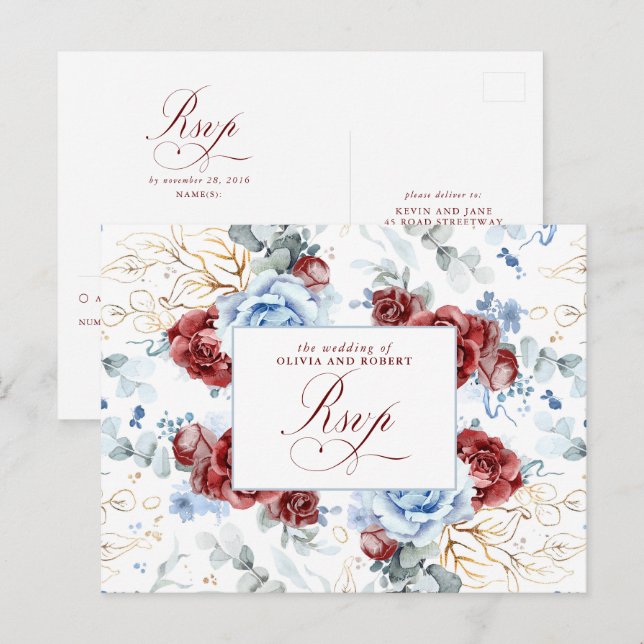 Cartão Postal Dusty Blue and Burgundy Red Wedding RSVP Postcard (Frente/Verso)